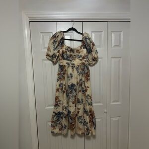 Floral Puff-Sleeve Midi Dress in Cream and Blue